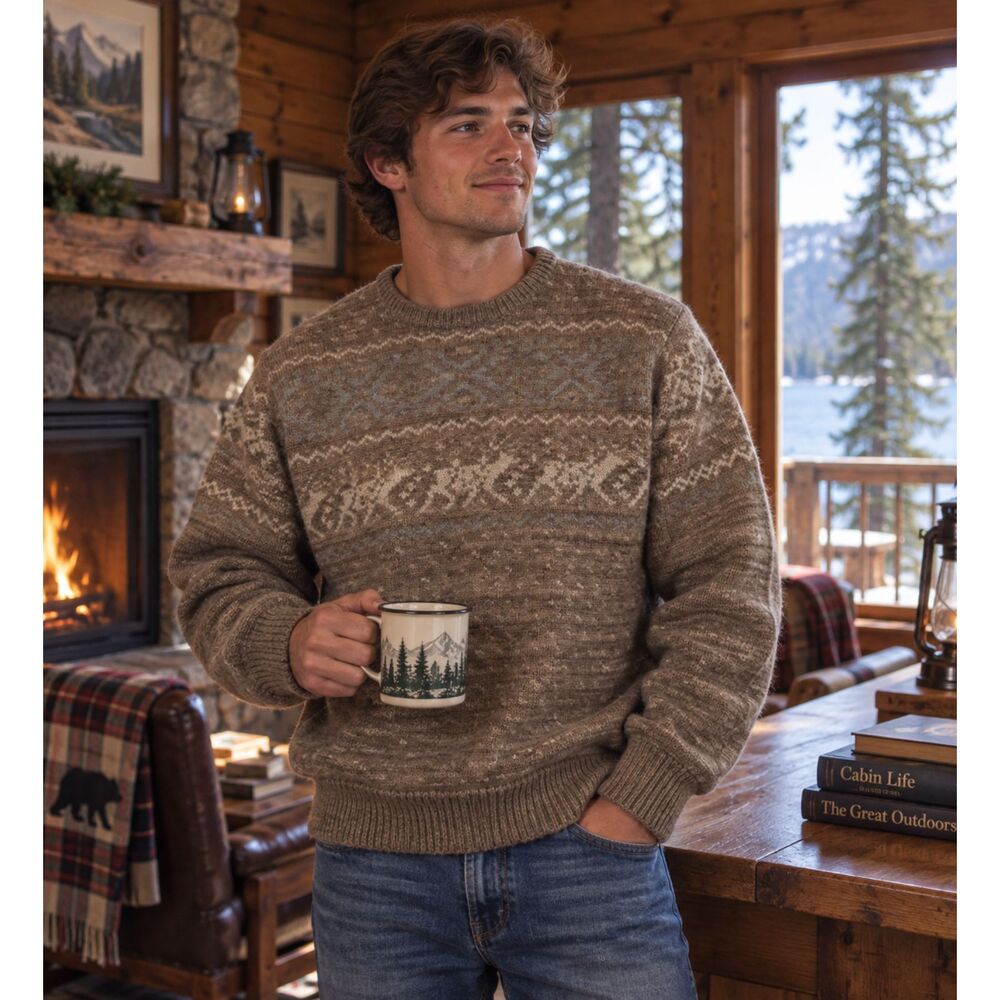 Vintage 80s Boston Traders 100% Wool Wolf Brown Knit Sweater Fair Isle Men’s M